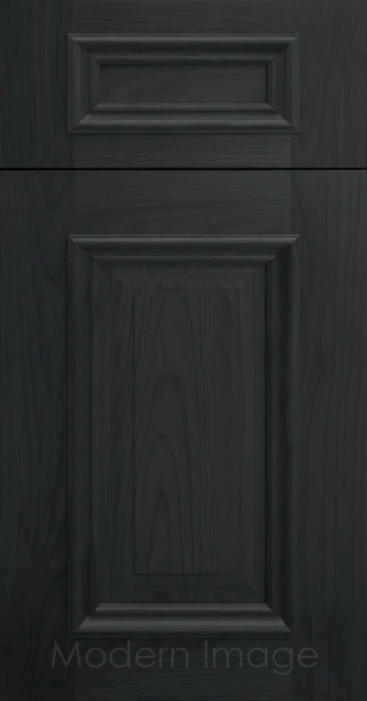 Heritage custom cabinets in a Night Sky Stain, classic raised panel doors, and modern flat slab drawer fronts.